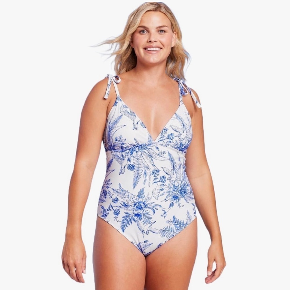 Kona Sol White And Blue Tropical Print Shoulder Tie One Piece Swimsuit